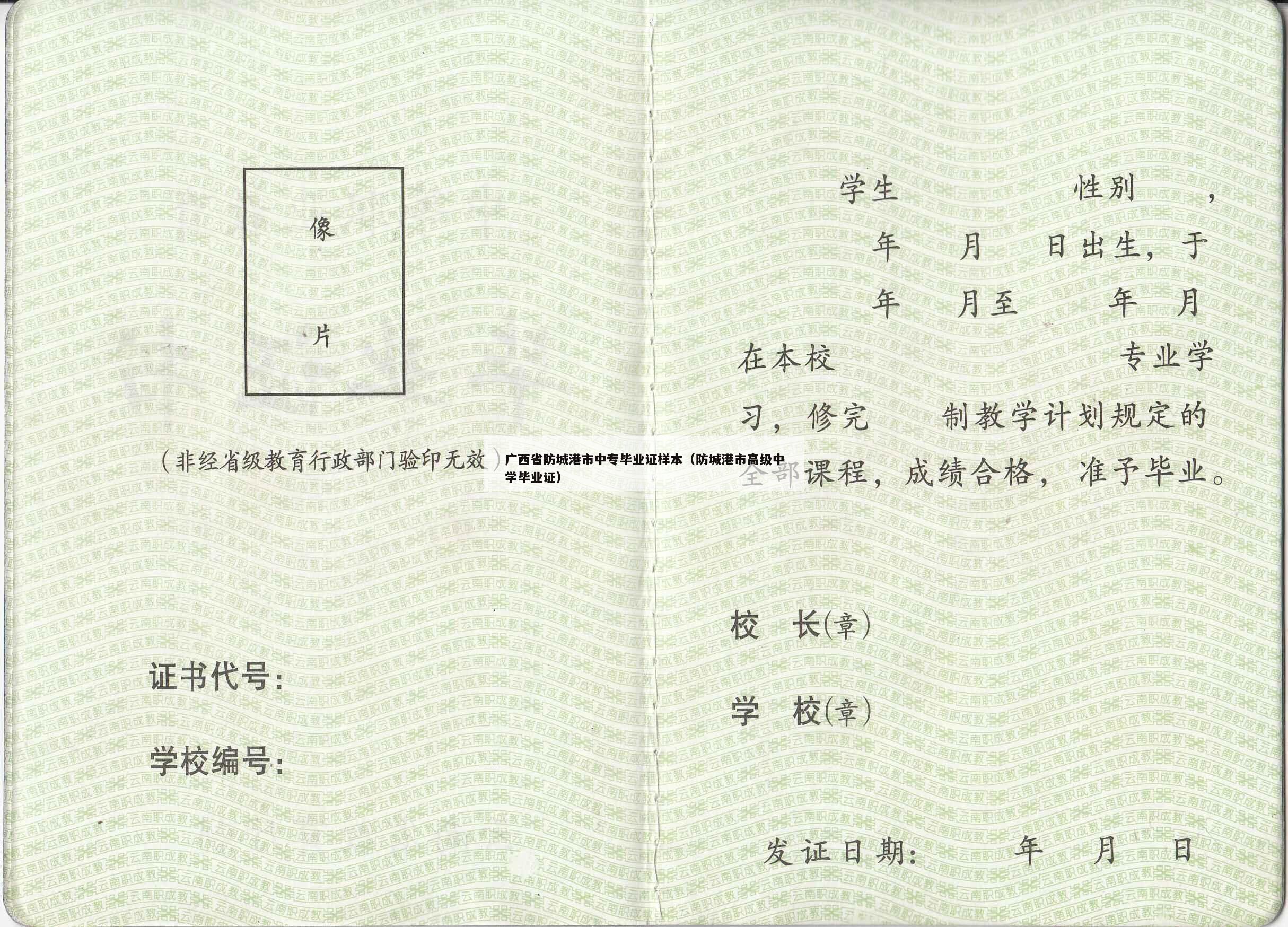 广西省防城港市中专毕业证样本（防城港市高级中学毕业证）